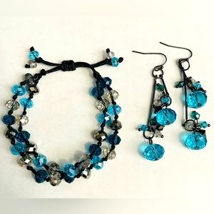 Beaded Bracelet & Earring Set - Beautiful shades of Aqua & Crystal Style beads